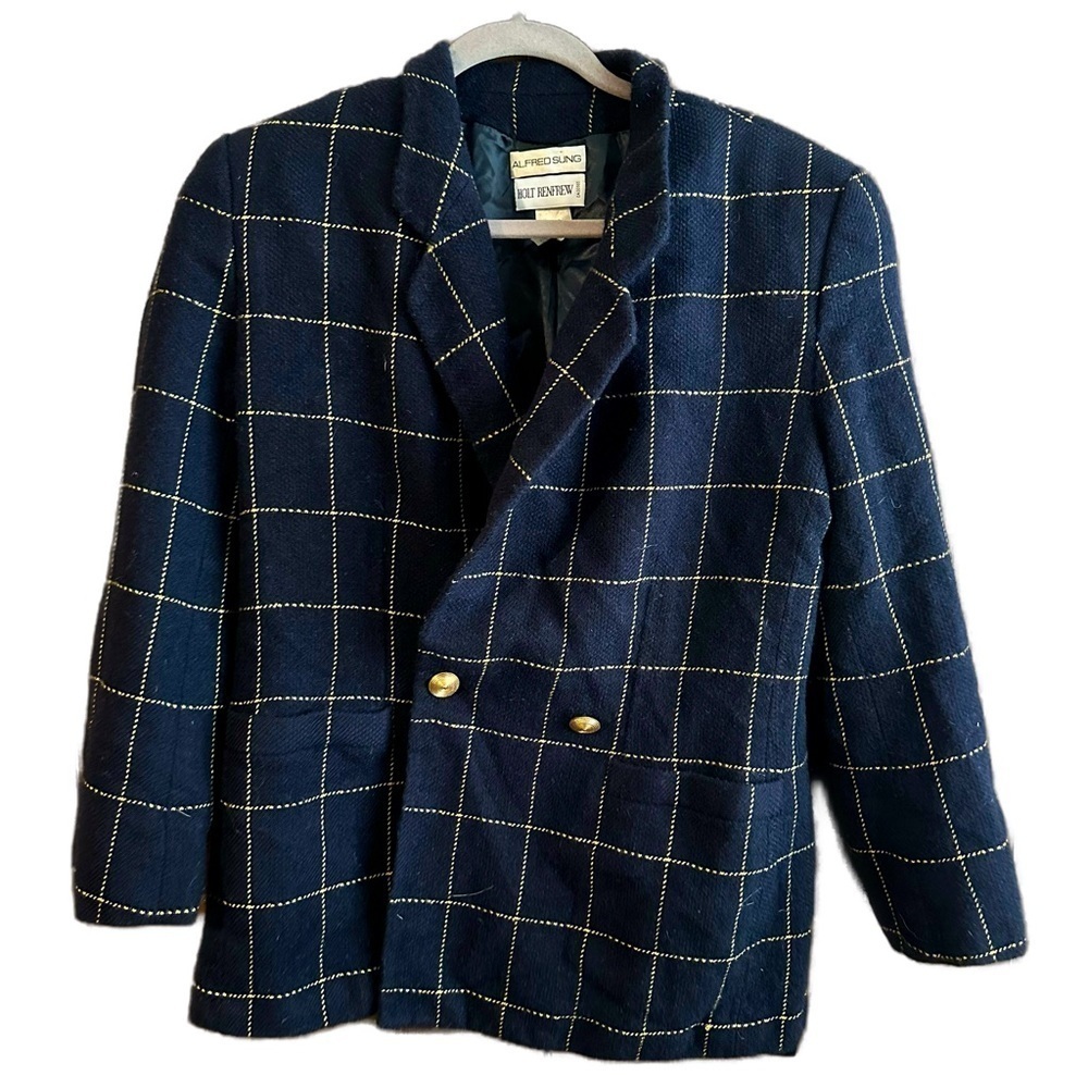 ALFRED SUNG HOLT RENFREW One Button Blazer Jacket Navy Gold Grid Plaid Sz 12 VTG